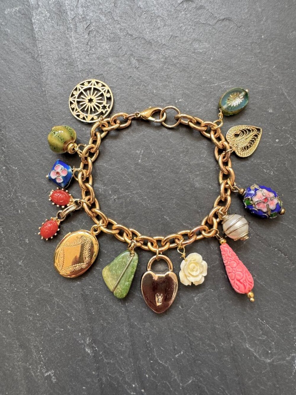 Vintage Charm Bracelet Gold Tone Cloisonne Pearl Heart Flower Beads Locket Scara